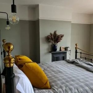 Farrow And Ball Blue Gray, Small Double Bedroom, Tranquil Dawn, Green Grey Paint, Gray Bedroom Walls, Grey Bedroom Furniture, Grey Bed Frame, Accent Wall Colors, Accent Wall Bedroom