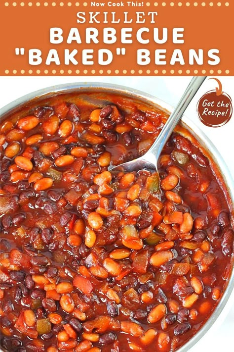 These quick and easy skillet baked beans are cooked on the stove top rather than in the oven. A combination of black beans and pinto beans are simmered in a sweet and tangy homemade barbecue sauce with a hint of smokiness and a little spicy heat (optional). They're packed with flavor, ready in just 30 minutes, and a must-have summer picnic side dish! Get the recipe and give them a try! Baked Pinto Beans Recipe, Bbq Pinto Beans Recipe, Stove Top Baked Beans Recipe, Barbecue Baked Beans, Pork And Beans Recipe, Picnic Side Dishes, Easy Baked Beans, Bbq Baked Beans, Pinto Bean Recipes