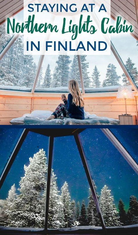 I've always dreamed of staying in a glass roofed Northern Lights cabin or glass igloo in Finland, and this January I finally did it! Click to read all the details on my time there, Northern Lights excursions, winter activities, and tips for the best time to visit. | Finland cabin, Finland travel, Finland travel guide, Northern Lights Cabin Finland. Northern Lights Finland, Finland Trip, Glass Igloo, Roadtrip Europa, Finland Travel, Cabin Lighting, Europe Travel Tips, Winter Travel, Winter Activities