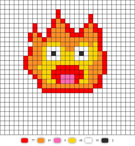 Calcifer from Howl's Moving Castle - Perler bead pattern Howl's Moving Castle Pixel Art, Howl's Moving Castle Crafts, Calcifer Cross Stitch Pattern, Pixel Art Pattern Ghibli, Howls Moving Castle Embroidery Pattern, Perler Bead Easy Patterns, Howls Moving Castle Craft Ideas, Howls Moving Castle Knitting, Perler Beads Howls Moving Castle