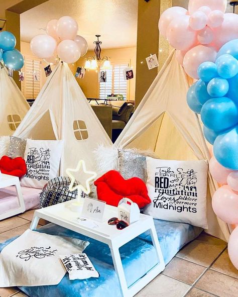 Ava's 15th Swiftie Sleepover | CatchMyParty.com Taylor Swift Sleepover Tents, Swiftie Birthday Party, Taylor Swift Birthday Party Ideas Kids, Taylor Swift Sleepover Ideas, Taylor Swift Sleepover, Taylor Swift Eras Birthday Party, Swiftie Sleepover, Eras Birthday Party, Birthday Taylor Swift