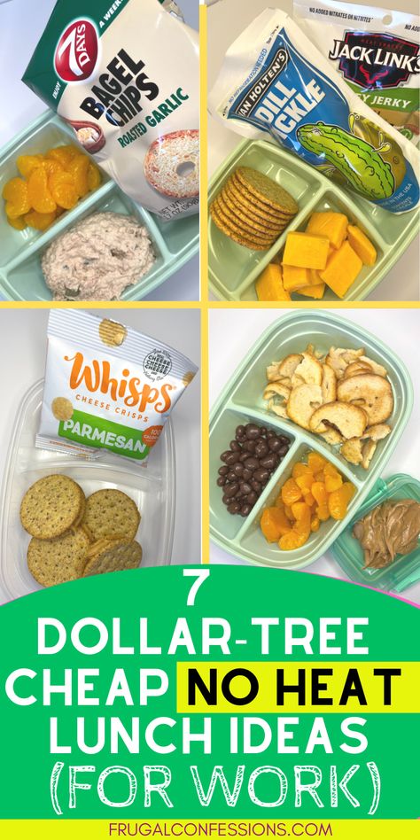 Cheap no-heat lunch ideas from the Dollar Tree - am I the only one who didn't know how much cheap food the Dollar Tree offers? No heat lunches I can send with my husband, and ones I can prep ahead of time for myself, too. I love these budget meals! Dollar Tree Lunch Ideas, Dollar Tree Meals Ideas, Cheap Lunches For Work, Lunch Ideas Budget, No Heat Lunches, No Prep Meals, Cold Lunches For Work, Budget Lunches, Dollar Tree Meals