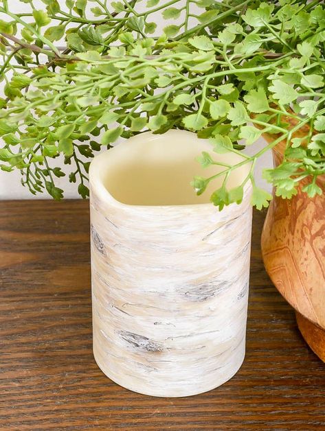 Transform basic LED Dollar Tree pillar candles into faux birch wood candles in just a few simple steps! #DIYcandles #dollarstore #dollartree #dollartreemakeover #dollarstorediy #thriftydecorating #birchcandles #dollartreefinds Birch Tree Candles, Diy Candle Pillars, Candle Makeover, Woodland Living, Birthday Candles Diy, Birch Decor, Pillar Candles Wedding, Birch Candles, Hand Dipped Candles