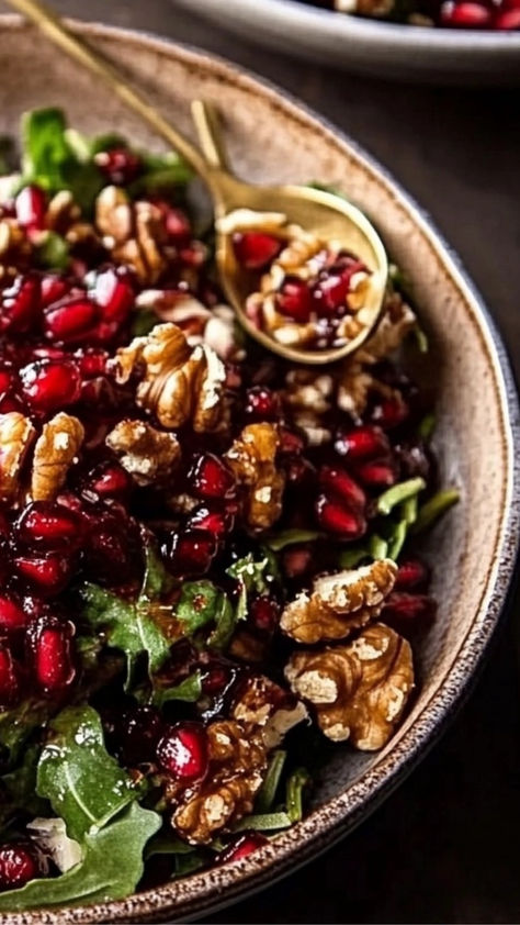 Winter Pomegranate Salad with Maple Candied Walnuts - Valerie Recipes Broccoli Pomegranate Salad, Kale Salad Pomegranate, Arugula And Pomegranate Salad, Pomegranate Arugula Salad, Winter Salad Recipes Pomegranate, Winter Salad With Pomegranate, Winter Kale Salad Recipes, Recipes With Pomegranate Seeds, Salads With Pomegranate