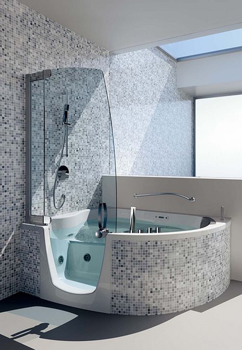 This will definitely give your bathroom a different look. Wondering what we are talking about? This is about a cool Corner Whirlpool shower designed by Bathroom Tub Shower Combo, Bathtub Shower Combo, Small Bathroom Colors, Japanese Soaking Tubs, Small Bathtub, Bathroom Tub Shower, Walk In Bathtub, Walk In Tubs, Small Tub