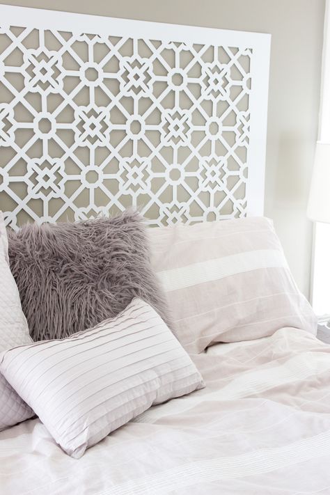 Our $20 Moroccan Style Headboard | Shining on Design Cardboard Headboard Diy, Cardboard Headboard, Rug Headboard, Girls Headboard, Cheap Diy Headboard, Creative Headboard, Boho Headboard, Headboard Diy, Headboard Ideas