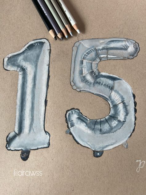 Balloon Letters Drawing, 15 Birthday Balloons, Color Pencil Ideas, Balloon Drawing, Colored Pencil Artwork Ideas, Art Test, 15 Birthday, Pencil Artwork, Colored Pencil Artwork