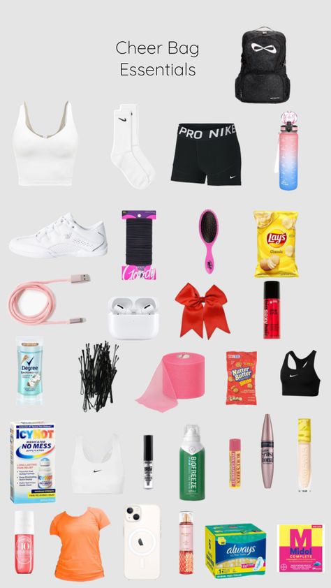 #cheerbag Cheerleader Bag Essentials, What To Keep In Cheer Bag, Cheer Bag Essentials Practice, Volleyball Backpack Essentials, Cheerleading Bag Essentials, What To Pack In Cheer Bag, Cheer Bag Essentials Game Day, Whats In My Cheer Bag, What’s In My Cheer Bag