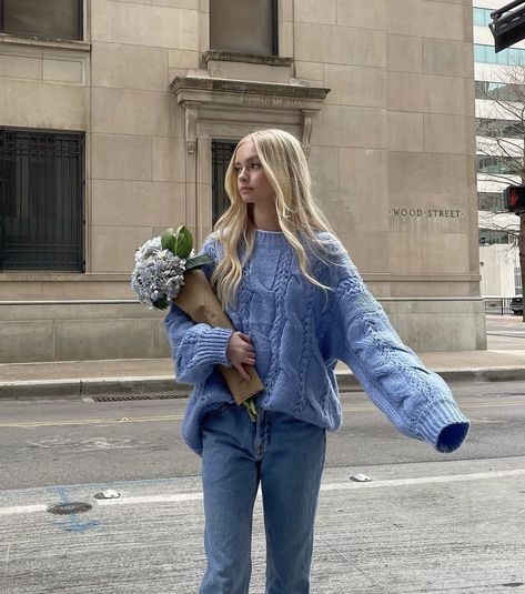 Valerie Sanders, Cold Spring Outfit, Chunky Cable Knit Sweater, Cable Pattern, Blue Knit Sweater, Scandinavian Fashion, Chunky Cable Knit, Chunky Knit Sweater, With Mom