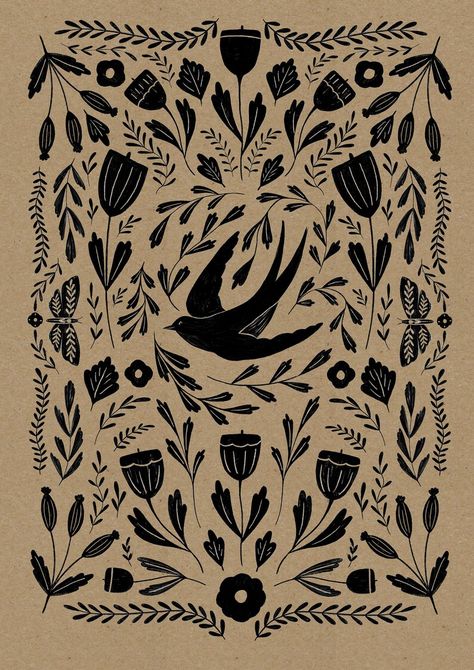 Folk Bird Print on Craft Paper Print - Etsy Folk Art Illustration Patterns, Forest Folk Art, Folk Art Linocut, Owl Folk Art, Folk Art Wallpaper, Folk Aesthetic, 2024 Drawing, Folk Art Illustration, Bird Folk Art