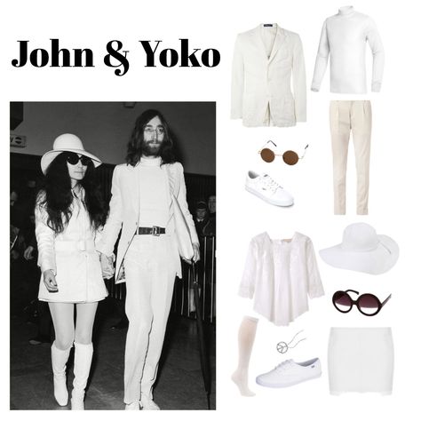 john & yoko John Lennon Halloween Costumes, Piano Outfit, Beatles Costume, 70s Fancy Dress, Beatles Party, Halloween Parejas, John Lennon And Yoko, Girl Halloween, Halloween Inspo