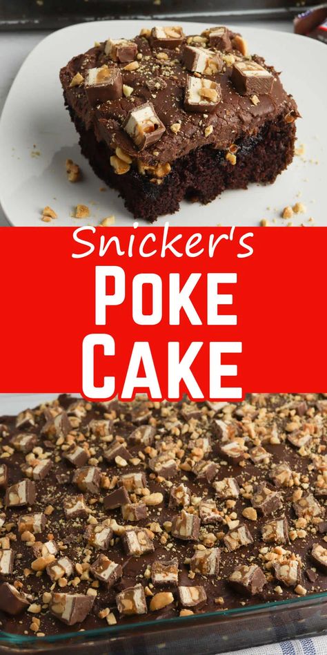 Easy Snickers poke cake recipe with chocolate cake, caramel sauce, and peanuts. Snickers Poke Cake, Chocolate Cake Caramel, Snickers Cake, Snickers Chocolate, Poke Cake Recipe, Wacky Cake, Chocolate Poke Cake, Poke Cake Recipes, Poke Cakes