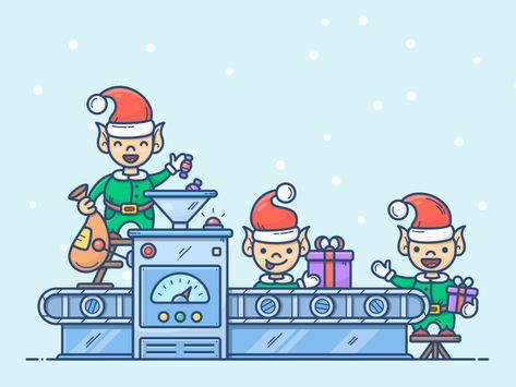 Christmas Factory by Alex Kunchevsky Elf Toy Factory, Santa's Workshop Illustration, Christmas Toy Factory, Christmas Factory, Elf Workshop, Factory Illustration, Christmas Moodboard, Santa Workshop, Christmas Hallway