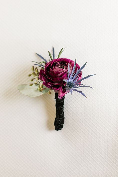 Plum ranunculus, blue thistle boutonniere Blush Mauve Wedding, Blue Thistle Boutonniere, Plum Ranunculus, Thistle Bouquet Wedding, Thistle Boutonniere, Thistle Bouquet, Witch Wedding, Blue Thistle, Mauve Wedding