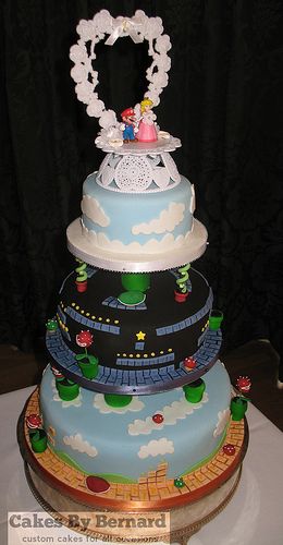 Mario wedding cake <3<3 Super Mario Wedding, Nintendo Wedding, Gamer Wedding Cake, Cake Mario, Mario Wedding, Mario And Peach, Wedding Cake Peach, Video Game Wedding, Blush Wedding Cakes