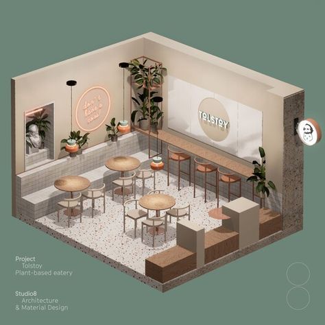 Tolstoy, plant-based eatery / studio8 lab | ArchDaily Interior Design Portfolio Layout, Modern Restaurant Design, Coffee Shop Interior Design, Interior Design Presentation, Cafe Shop Design, Portfolio Design Layout, Interior Design Sketches, Coffee Shops Interior, Modern Restaurant