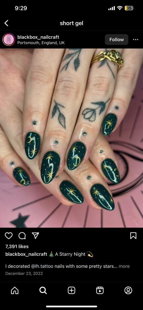 Acrylic Nail Designs Celestial, Green And Gold Celestial Nails, Emerald Green Nail Ideas Almond, Moon Theme Nails, Simple Witchy Nails Almond, Luna Moth Nail Art, Forest Witch Nails, Mystical Nails Simple, Witchy Winter Nails