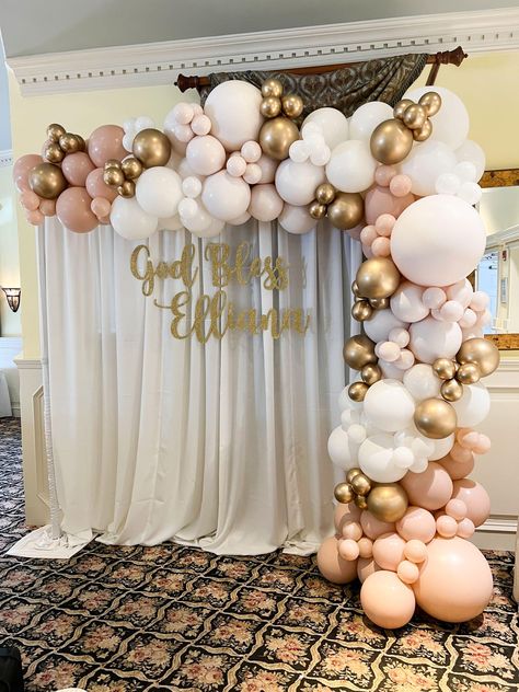 Pipe & Drape - Balloon Garland with Custom Draping Backdrop & Glitter Sign for Christening -  - beautiful creative event design inspiration - Pipe & Drape can be used to cover up a wall or as a backdrop to hang photos, themed signs or a name in balloons. The drape is freestanding on a base with poles so it will not interfere with your venues ceiling or walls. - Sheer Backdrop With Balloon Garland, Tulle Backdrop With Balloons, Balloon And Curtain Backdrop, Christening Backdrop Girl, Balloon Arch Bridal, Draping Backdrop, Christening Backdrop, Baloon Garland, Balloon Arch Backdrop