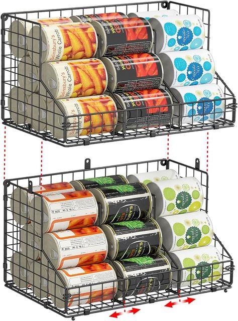 Amazon.com: JKsmart Stackable Can Rack Organizer for Pantry Storage,Can Dispensers with 4 Adjustable Dividers, 2-Tier Metal Wire Basket Beverage Pop Soda Rack for Kitchen Cabinet Pantry, Black : Home & Kitchen Pantry Black, Pantry Can Organization, Can Rack, Metal Wire Basket, Can Dispenser, Canned Food Storage, Can Storage, Office Supply Organization, Pantry Shelf