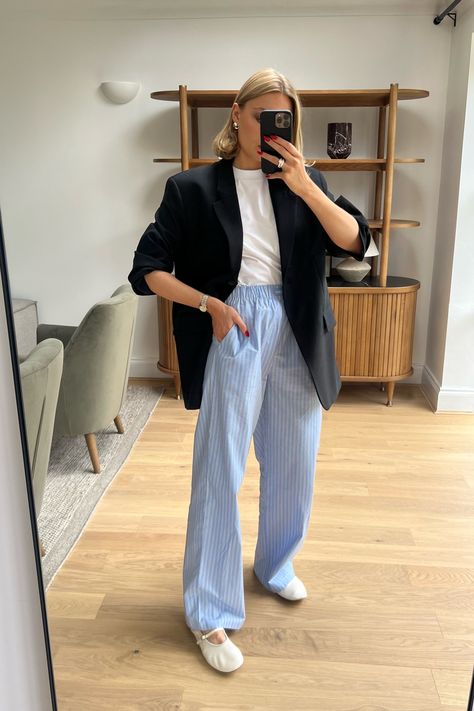 Cotton Pull On Pants - Stripe curated on LTK Styling Striped Pants, White Blue Striped Pants Outfit, Stripped Pant Outfits, Blue Striped Trousers Outfit, Blue Stripe Trousers Outfit, Strip Pants Outfit, How To Style Pyjamas Pants, Blue Stripe Pants Outfit, Outfits With Striped Pants