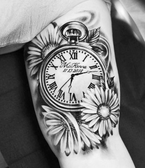 Analog Clock Tattoo, Sunflower Watch Tattoo, Cover Up Tattoos For Women Arm, Butterfly Sunflower Tattoo Half Sleeves, Sunflower And Clock Tattoo, Roses And Sunflowers Tattoo Half Sleeves, Sunflowers And Butterflies Tattoos Sleeve, Black Grey Sunflower Tattoo, Tattoo Kids