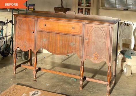 Before: wooden console entirely brown Buffet Redo, Barn Find Cars, Nashville Art, Antique Buffet, Ikea Ivar, Vintage Buffet, Antiques Roadshow, Facebook Marketplace, Walnut Stain