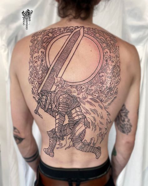 A brilliant Guts / Berserk back piece by Jaye Shepherd!  Created with #magnumtattoosupplies ❤️  #guts #berserk #gutsberserk #kentaromiura Berserk Back Tattoo, Berserk Tattoo Ideas, Berserker Tattoo, Berserk Tattoo, Guts Berserk, Kentaro Miura, Back Piece, Symbol Tattoos, Back Pieces