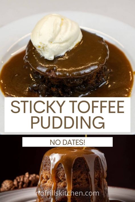 This sticky toffee pudding recipe is made without any dates. However, it is every bit as decadent as the traditional version and is super easy to make! Easy Sticky Toffee Pudding, Toffee Pudding Recipe, Sticky Toffee Pudding Recipe, Sticky Toffee Pudding Cake, Sticky Pudding, Easy Pudding Recipes, Sticky Date Pudding, Date Pudding, Toffee Pudding