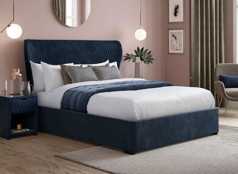 Navy Blue Bed Frame Bedroom Ideas, Bed With Blue Headboard, Navy And Pink Bedroom Master, Blue And Pink Bedroom For Adults, Teal Bed Frame, Blue Bed Decor, Navy Blue Headboard Bedroom Ideas, Bedroom Blue Bed, Blue Headboard Bedroom Ideas