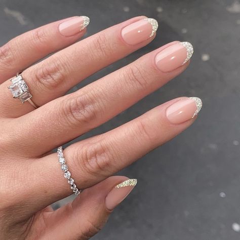 Objkts Jewelry, Sparkly French Tip Nails, Silver Tip Nails, Sparkly Nail Designs, Silver Acrylic Nails, Rounded Acrylic Nails, Glitter Tips, Nail Designs Ideas, Nude Nail Designs