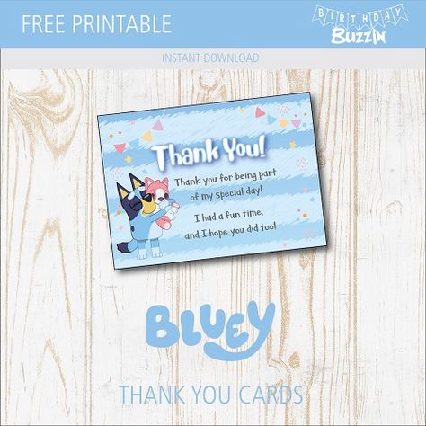 Free Printable Bluey Thank You Cards | Birthday Buzzin Free Bluey Thank You Tags, Bluey Birthday Thank You Cards, Bluey Birthday Thank You, Free Printable Bluey Decorations, Bluey Thank You Tags, Bluey Birthday Thank You Tags, Bluey Keepy Uppy Printable, Bluey Party Printable Free, Keepy Uppy Printable Bluey