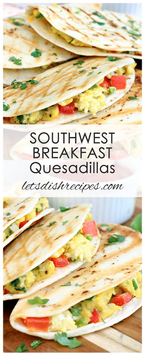 Southwest Breakfast Quesadillas Recipe: Scrambled eggs, cheese, jalapeno and cilantro, served quesadilla style in soft flour tortillas. #quesadillas #breakfast #eggs #recipes Quesadillas Breakfast, Southwest Breakfast, Soft Flour Tortillas, Breakfast Quesadilla Recipes, Veg Protein, Breakfast Quesadillas, Easy Homemade Salsa, Breakfast Quesadilla, Eggs Recipes