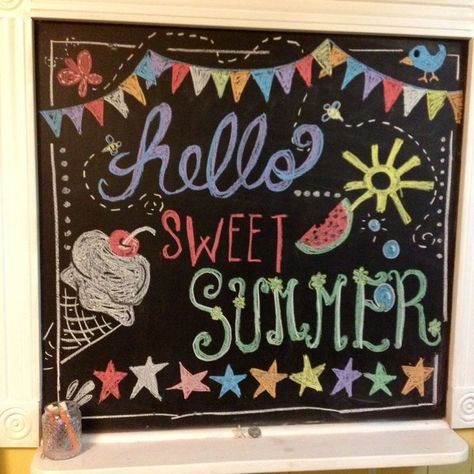 Summertime chalkboard | Chalkboard art | Pinterest | Chalkboards Welcome Chalkboard Art, Summertime Chalkboard Ideas, Summer Chalkboard Art, Summer Chalkboard, Chalkboard Art Diy, Chalkboard Art Quotes, Chalkboard Wall Art, Chalk Writing, Chalkboard Doodles