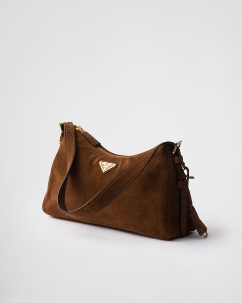 Cocoa Brown Prada Aimée Medium Suede Shoulder Bag | PRADA Shoulder Bag Prada, Winter Bags, Triangle Bag, Bag Prada, Prada Shoulder Bag, Cocoa Brown, Triangle Logo, Ring Metal, Metal Hardware