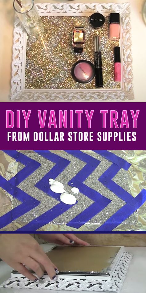 Dollar Store Crafts Ideas - Chevron DIY Vanity Tray Made With Frame, Glitter and Modge Podge Glue Diy Vanity Tray, Chevron Diy, Cheap Dorm Decor, Cheap Apartment Decorating, Cheap Farmhouse Decor, Dresser Tray, Home Remodeling Diy, Vanity Accessories, Diy Vanity