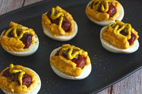 Hot Dog Deviled Eggs Deviled Egg Mini Burgers, Dehydrated Potato Flakes, Dehydrate Potatoes, Egg Calories, Mini Hot Dogs, Devilled Eggs, Dried Potatoes, Mini Burgers, Deviled Eggs Recipe