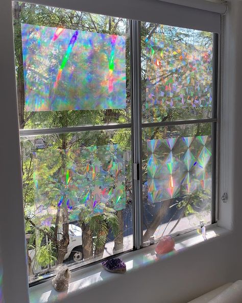 Rainbow Symphony on Instagram: “Have you checked out our 12x17 sheets? They’re the perfect size for any window! They’re also the perfect size for Cricut and Silhouette…” Rainbow Interior Design, Rainbow Window Film, Stained Glass Window Clings, Glass Window Decals, Holographic Film, Rainbow Decal, Rainbow Window, Rooms Decor, Suncatcher Window