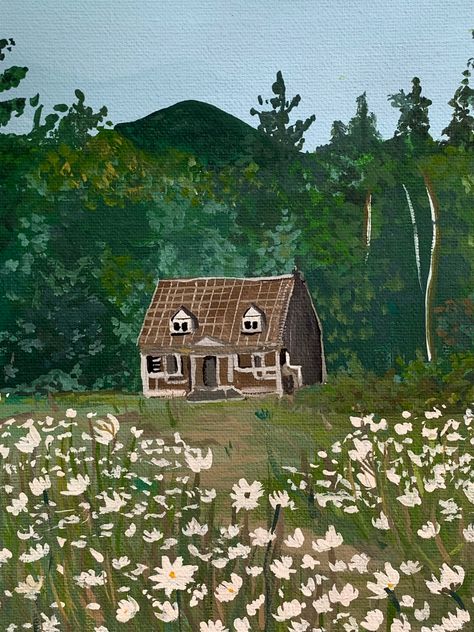 Cottage Core Animal Drawing, Cottagecore House Painting, Cottage Core Landscape Painting, Garden Painting Ideas Canvas Easy, Simple Cottagecore Painting, Simple Cottage Painting, Country Landscape Drawing, Cottagecore House Drawing, Cottage Core Doodles Easy