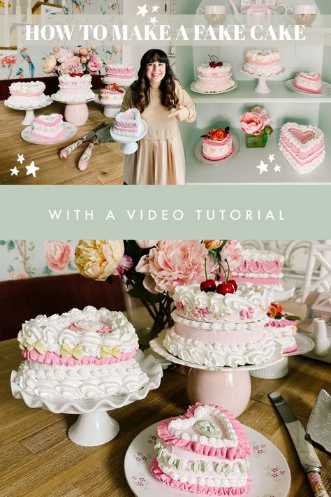 How to make a fake cake- a DIY prop made from a jewelry box to look like a vintage cake. This artificial or faux dessert can be made of styrofoam or cardboard. A tutorial for how to decorate with piping tips, ideas on cute cakes, and which spackle to use for frosting. Diy Dessert Decorations, Using Spackle For Crafts, How To Make Fake Cakes For Display, Foam Cake Decoration, Fake Cake Tutorial, Faux Cake Diy How To Make, Fake Cake Craft, Cake Photography Ideas Backgrounds, Faux Desserts Diy