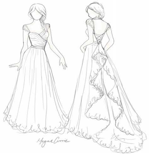 Dress Outline Drawing Sketch, Wedding Dress Reference Drawing, Wedding Dress Drawing Reference, Wedding Dress Sketches Design, Wedding Dress Drawing Sketches, How To Draw A Dress, Dress Line Art, Dot Drawings, Wedding Dress Sketch