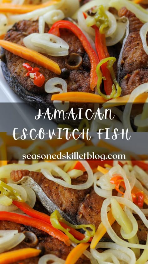 Jamaican Escovitch Fish is a quick and easy Caribbean fried fish recipe. It’s made with seasoned red snapper and sliced kingfish, fried until golden and crispy, topped with a colourful medley of pickled vegetables. Serve with fried dumpling, festival or bammy for breakfast, lunch, dinner or anytime throughout the day! Jamaican Escovitch Recipe, Jamaican Fried Fish Recipes, Slice Fish Recipes, Fish Escovitch Jamaica, Snapper Fish Recipes Jamaican, Red Snapper Escovitch, Jamaican Fish Escovitch, Caribbean Fried Fish, Jamaican King Fish Recipe