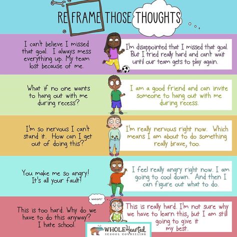 WholeHearted School Counseling on Instagram: “This *Reframe Those Thoughts* printable will be 1 of 10 digital downloads in a Poster Bundle that's coming out on Thursday (some of the…” School Counseling Decor, Counselling Tools, School Counseling Office, Social Emotional Activities, Learning Poster, Counseling Activities, Child Therapy, Mindfulness For Kids, Therapy Worksheets