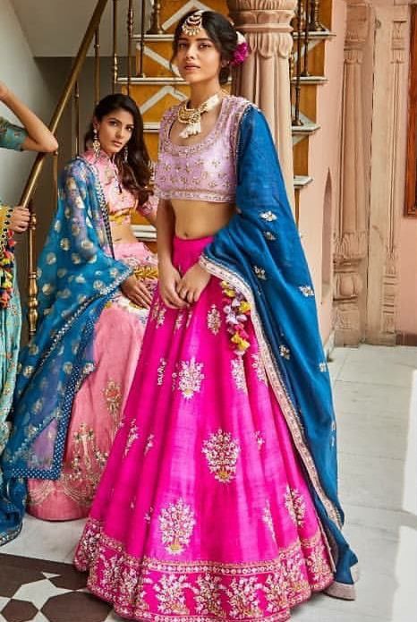 Blue Dupatta and Pink Lengha Pink And Blue Lengha, Pink Blue Lehenga, Pink And Blue Lehenga, Diwali Lehenga, Blue Lengha, Pink Lengha, Lehenga Blue, Golden Dupatta, Lehenga Pink