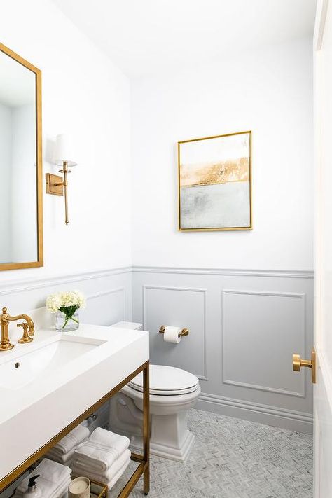 Restoration Hardware Hudson Metal Single Extra-Wide Washstand fitted with a quartz top, a vintage polished brass hook and spout faucet and glass shelf. Powder Room Design, Bad Inspiration, Transitional Bathroom, Home Luxury, 아파트 인테리어, Downstairs Bathroom, Brass Hook, Glass Shelf, Half Bath