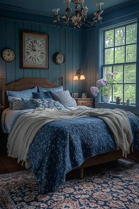 29 Cozy Bedroom Blue Ideas to Bring Comfort and Calm to Your Space - My Elegant Home Blue Bedroom Cottagecore, Blue Academia Bedroom, Interior Design Bedroom Blue, Blue Calm Bedroom, Dark Blue Cozy Bedroom, Cosy Blue Bedroom, Cottagecore Bedroom Blue, Dusky Blue Bedroom, Blue Color Drenched Bedroom