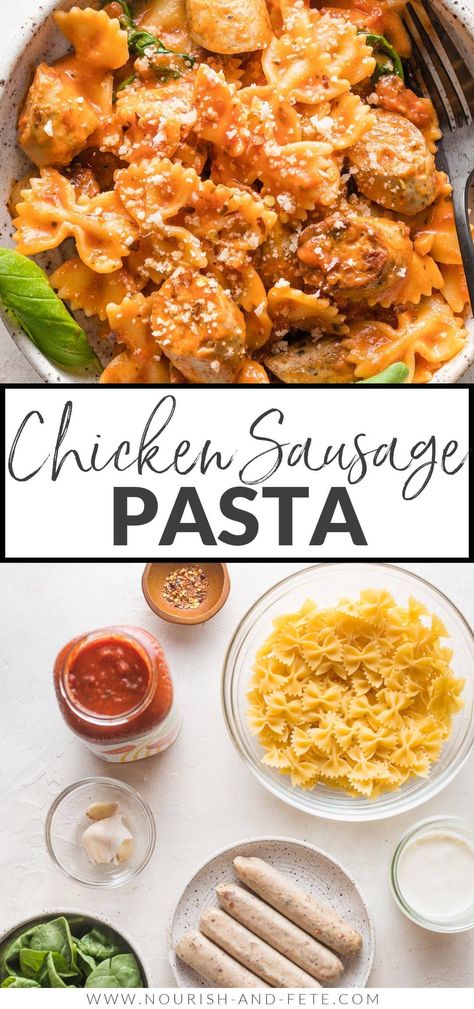 This flavorful Italian-style chicken sausage pasta is a great all-in-one, 25 minute meal. A creamy marinara-based sauce, tender spinach leaves, and plenty of Parmesan round out the dish. Chicken Sausage Recipes Pasta, Spinach Feta Chicken, Mushroom Tomato, Sausage Mushroom, Chicken Sausage Recipes, Chicken Sausage Pasta, Pasta Marinara, Kielbasa Recipes, Italian Chicken Sausage