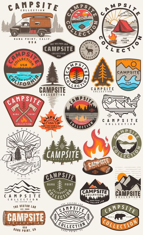 Travel Stickers Printable, Travelers Notebook Setup, Logo Sketch Design, Camping Icons, Woodland Animal Art, Eco Logo, Nature Stickers, Retro Logos, Vintage Camping