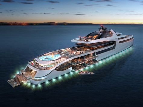 When the sun falls, a 360-degree ring of lights illuminates the yacht's perimeter. Yacht Miami, Most Expensive Yacht, Cobalt Boats, Expensive Yachts, Luxury Yacht Interior, Mega Yachts, Mega Yacht, Super Yacht, Luxury Boat