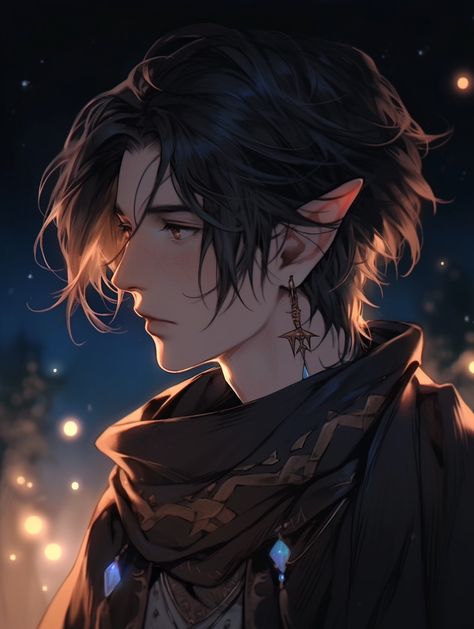 Air Elemental Male, Black Haired Elf Male, Male Elf Black Hair, Male Elf Character Art, Dark Haired Elf, Black Haired Elf, Elf Boy Art, Elf Black Hair, Dnd Elf Character Design