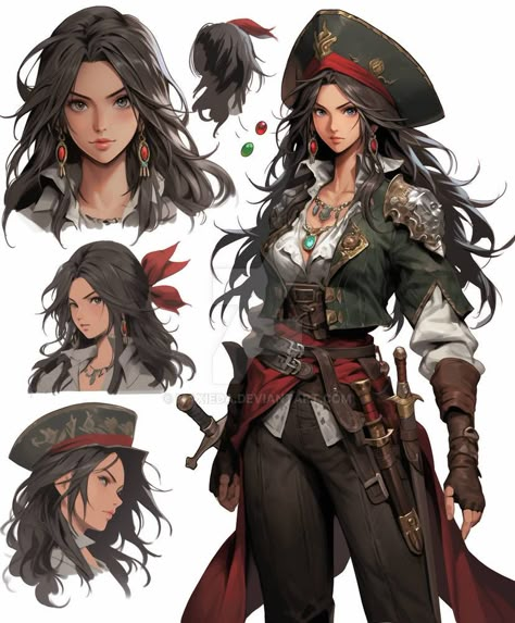 Pirate Oc Girl, Anime Pirate Woman, Steampunk Pirate Female, Female Usopp, Female Pirate Character Design, Pirate Reference, Pirate Female, Dnd Pins, Pirates Art